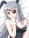  1girl animal_ears breasts bunny_girl bunnysuit bust cleavage dakimakura eyepatch infinite_stratos laura_bodewig long_hair lying philomelalilium rabbit_ears red_eyes silver_hair wrist_cuffs 