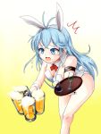  1girl alcohol animal_ears beer blue_eyes blue_hair bowtie bunny_tail bunnysuit cup denpa_onna_to_seishun_otoko detached_collar glass goblet highres long_hair mug ozaki_john rabbit_ears spill tail touwa_erio tray wrist_cuffs 