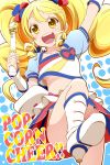  1girl alternate_form blonde_hair blue_skirt boots cure_honey happinesscharge_precure! heart highres long_hair looking_at_viewer midriff n_hirune oomori_yuuko open_mouth popcorn_cheer precure skirt solo twintails yellow_eyes 