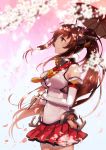  1girl breasts brown_eyes brown_hair cherry_blossoms detached_sleeves flower hair_flower hair_ornament kantai_collection long_hair oriental_umbrella personification ponytail smile solo umbrella yamato_(kantai_collection) yunkel_(zeijaku_mental) 