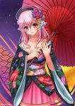  1girl bare_shoulders blush breasts cleavage headphones highres japanese_clothes kimono large_breasts long_hair looking_at_viewer nitroplus pink_eyes pink_hair racoon-kun smile solo super_sonico umbrella yukata 