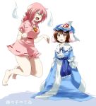  2girls animal_ears arm_ribbon barefoot blue_dress brown_eyes brown_hair carrot closed_eyes cosplay costume_switch dress flying_sweatdrops ghost inaba_tewi jewelry multiple_girls necklace open_mouth oversized_clothes pendant pink_dress pink_hair puffy_sleeves rabbit_ears saigyouji_yuyuko sash short_sleeves smile sweatdrop touhou unya veil 