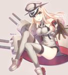  1girl bismarck_(kantai_collection) blonde_hair blush breasts brown_gloves detached_sleeves gloves grey_legwear gunp hat kantai_collection long_hair looking_at_viewer military military_hat military_uniform open_mouth peaked_cap personification solo thigh-highs uniform 