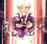  1girl armpits arms_up belt bracelet cape dress glowing hands_together jewelry lavender_eyes light_brown_hair light_particles light_trail looking_at_viewer mikazuki_sara open_mouth ribbon short_hair sleeveless sleeveless_dress solo sword touhou toyosatomimi_no_miko weapon wind_lift 