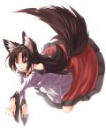 1girl animal_ears brooch brown_hair dress fang fingernails highres ibuki_notsu imaizumi_kagerou jewelry long_hair long_sleeves red_eyes simple_background smile solo tail touhou white_background wide_sleeves wolf_ears wolf_tail 