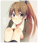  1girl aqua_eyes blush brown_hair kantai_collection kumano_(kantai_collection) leg_hug long_hair looking_at_viewer okia ponytail sitting smile solo 