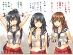  3girls abo_(hechouchou) agano_(kantai_collection) alternate_hairstyle aqua_eyes black_hair breasts brown_hair brushing_teeth drinking_glass gloves highres kantai_collection long_hair multiple_girls necktie noshiro_(kantai_collection) partially_undressed personification pointing ponytail red_eyes signature sleepy translated tying_hair yahagi_(kantai_collection) 