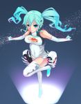  1girl aqua_eyes aqua_hair boots covered_navel elbow_gloves gloves goodsmile_racing grapepop hatsune_miku headphones highres racequeen smile solo thigh-highs thigh_boots twintails vocaloid 