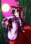  1girl :d animal_ears bamboo bamboo_forest brown_hair dress fingernails forest full_moon highres imaizumi_kagerou long_fingernails long_hair moon nature neckerchief night open_mouth smile touhou wolf_ears 