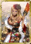  1girl alternate_costume bare_shoulders blonde_hair bodypaint border breasts choker cleavage dark_skin earrings feather_boa flower hair_flower hair_ornament jewelry large_breasts long_hair lowres lydia_agute murakami_yuichi official_art paddle senjou_no_valkyria_3 solo thigh-highs very_long_hair white_legwear 