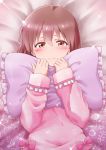  1girl blush brown_eyes brown_hair hagiwara_yukiho happy_tears highres idolmaster kamelie looking_at_viewer lying pajamas pillow pillow_hug ribbon short_hair sleeves_past_wrists smile solo sparkle tears 