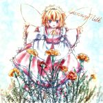  1girl :d blonde_hair blue_eyes character_name dress fairy fairy_wings fang flower frilled_dress frilled_sleeves frills highres myo-gateien open_mouth outstretched_arms short_hair smile spread_arms sunny_milk touhou wings 