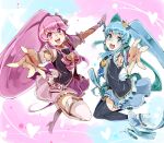  2girls aino_megumi asuku_(69-1-31) black_legwear blue_eyes blue_hair blue_skirt boots bowtie brooch crown cure_lovely cure_princess frills happinesscharge_precure! holding_hands jewelry long_hair magical_girl mini_crown multiple_girls necktie payot pink_eyes pink_hair pink_skirt ponytail precure shirayuki_hime shoes skirt smile thigh-highs thigh_boots twintails white_legwear wrist_cuffs 