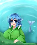  1girl blue_eyes blue_hair breasts fish_tail highres huge_breasts mermaid monster_girl obi sash solo touhou toumeikousokudouro wakasagihime water 