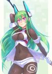  1girl and blush bodysuit breasts covered_navel fingerless_gloves gloves green_hair headgear large_breasts long_hair looking_at_viewer menou_kaname original pink_eyes robot_ears solo 