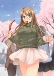  1girl blush breasts brown_eyes brown_hair cherry_blossoms food glasses highres kouno_hikaru large_breasts long_hair looking_at_viewer mouth_hold oribe_shiori original petals ribbed_sweater solo solo_focus sweater 