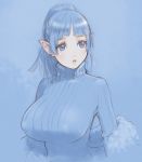  1girl blue_background blue_eyes blue_hair breasts earrings huge_breasts jewelry large_breasts open_mouth original pointy_ears ponytail ribbed_sweater sano_toshihide shawl solo sweater turtleneck 