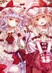  2girls ascot blonde_hair blush bow brooch fang flandre_scarlet frills hat hat_bow jaku_sono jewelry laevatein lavender_hair lowres multiple_girls open_mouth red_eyes remilia_scarlet siblings sisters touhou wrist_cuffs 