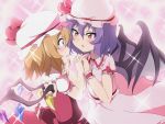  2girls bat_wings blonde_hair blue_hair blush bwell dress eye_contact flandre_scarlet hat hat_ribbon holding_hands incest interlocked_fingers looking_at_another mob_cap multiple_girls pink_dress pink_eyes puffy_sleeves remilia_scarlet ribbon shirt short_sleeves siblings sisters skirt skirt_set sparkle touhou vest wings yuri 