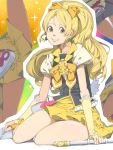  1girl akinbo_(hyouka_fuyou) blonde_hair boots cure_honey earrings happinesscharge_precure! jewelry long_hair magical_girl oomori_yuuko ponytail precure skirt smile solo split wrist_cuffs yellow_eyes yellow_skirt 