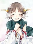  1girl brown_hair closed_eyes detached_sleeves gumichoco hairband hiei_(kantai_collection) japanese_clothes kantai_collection nontraditional_miko open_mouth personification short_hair smile solo 