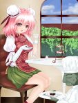  1girl bandages bun_cover cake chef chef_hat chef_uniform chinese_clothes cuffs cup double_bun fang flower food green_skin hat highres hobgoblin_(touhou) ibaraki_kasen macaron open_mouth pink_eyes pink_hair plate ribbon rose short_hair sitting smile tabard teacup touhou tray u2_(5798239) window 