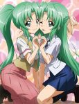  2girls ;p breast_press heart heart_hands heart_hands_duo higurashi_no_naku_koro_ni mirror_opposites multiple_girls official_art school_uniform siblings sisters sonozaki_mion sonozaki_shion symmetrical_docking tongue twins wink 