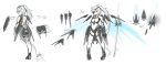  1girl arceonn back blue_eyes boots borrowed_character concept_art elbow_gloves energy_wings eyepatch faulds funnels gauntlets gloves high_ponytail leotard original polearm silver_hair small_breasts solo thigh-highs thigh_boots weapon white_gloves white_legwear 