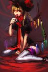  1girl alternate_costume blonde_hair candy etc_(tishikiganai) fang flandre_scarlet hat highres lace lace-trimmed_thighhighs licking lollipop no_panties red_eyes side_ponytail sitting solo thigh-highs tongue touhou white_legwear wings zettai_ryouiki 