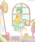  1girl bare_arms bare_legs clothes_on_floor clothes_on_wall clouds coppelion flat_color fukasaku_aoi green_hair looking_at_mirror mirror pale_color plant potted_plant room slippers solo stuffed_animal stuffed_bunny stuffed_toy underwear wakanu window 