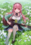  1girl blush breasts electric_guitar field flower flower_field guitar headphones highres instrument large_breasts long_hair looking_at_viewer nitroplus open_mouth pink_eyes pink_hair playing_instrument skirt solo super_sonico thighhighs 