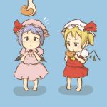  2girls :&lt; barefoot bat_wings blonde_hair blue_hair chi-kun_(seedyoulater) child cookie dress eating flandre_scarlet food food_on_face hat hat_ribbon mob_cap multiple_girls pink_dress puffy_sleeves red_dress remilia_scarlet ribbon short_sleeves siblings side_ponytail sisters touhou wings younger 