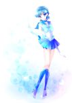  1girl bishoujo_senshi_sailor_moon blue_eyes blue_hair blue_skirt boots bow brooch choker elbow_gloves gloves highres jewelry knee_boots magical_girl mizuno_ami pleated_skirt ribbon sailor_collar sailor_mercury short_hair skirt smile solo standing tiara torao_(torakmn) white_gloves 