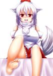  1girl absurdres animal_ears bare_shoulders barefoot bed blush breasts detached_sleeves fang hat highres inubashiri_momiji large_breasts looking_at_viewer naughty_face oohirakeisuke open_mouth pom_pom_(clothes) red_eyes short_hair silver_hair simple_background sitting solo tail tokin_hat touhou white_background wolf_ears wolf_tail 