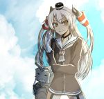  1girl amatsukaze_(kantai_collection) blue_sky blush clouds foro_(planet_cage) garter_straps kantai_collection long_hair looking_at_viewer personification rensouhou-kun school_uniform serafuku silver_hair single_glove sky smile twintails two_side_up yellow_eyes 