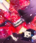  1girl bare_legs black_eyes black_hair cherry_blossoms coppelion hair_spread_out hand_on_own_head japanese_clothes kimono lying pale_skin patterned red_clothes solo sparkle tagme tsuburaya_mana upside-down wakanu 