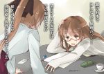  2girls akigumo_(kantai_collection) brown_eyes brown_hair crying glasses ichifuji_nitaka kantai_collection long_hair mochizuki_(kantai_collection) multiple_girls older ponytail translated twitter_username 