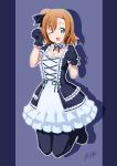  1girl animal_ears black_legwear blue_eyes blush breasts brown_hair cleavage dress gloves kneeling kousaka_honoka kuri_youkan looking_at_viewer love_live!_school_idol_project open_mouth pantyhose paw_pose short_hair side_ponytail smile solo wink 