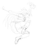  1girl boots creature cross-laced_footwear flat_chest golf_club jumping kasuga_yukihito kooh lace-up_boots lineart long_hair monochrome pangya panties pantyshot skirt solo twintails underwear work_in_progress 