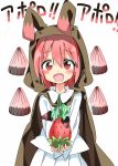  1girl blush food food_themed_clothes fruit highres looking_at_viewer open_mouth original personification pink_eyes pink_hair short_hair simple_background smile solo strawberry tantan_men_(dragon) translation_request white_background 