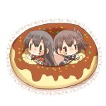  2girls akagi_(kantai_collection) black_eyes blush brown_eyes brown_hair doughnut eating japanese_clothes kaga_(kantai_collection) kantai_collection long_hair lowres minigirl multiple_girls muneate personification rebecca_(keinelove) short_hair side_ponytail skirt 