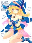  1girl bare_shoulders blonde_hair blue_eyes breasts character_name cleavage crossed_arms dark_magician_girl duel_monster hat long_hair looking_at_viewer sitting solo star wariza wizard_hat yodori yuu-gi-ou 