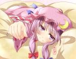  1girl blush come_hither crescent dress hair_ribbon long_sleeves looking_at_viewer lying mob_cap on_stomach open_clothes open_coat outstretched_arm outstretched_hand patchouli_knowledge purple_hair ram_hachimin ribbon smile solo striped striped_dress touhou tress_ribbon violet_eyes 