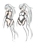  1girl arceonn ass back blue_eyes boots borrowed_character concept_art elbow_gloves eyepatch gloves high_ponytail leotard original silver_hair small_breasts solo thigh-highs thigh_boots white_gloves white_legwear 