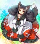  1girl animal_ears black_hair breasts brooch brown_eyes check_commentary collarbone commentary fingernails floral_print imaizumi_kagerou jewelry large_breasts long_fingernails long_hair long_sleeves looking_at_viewer open_mouth red_nails shirt sitting skirt smile solo tail touhou umigarasu_(kitsune1963) very_long_hair wide_sleeves wolf_ears wolf_tail 