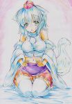  1girl absurdres animal_ears blush breasts colored_pencil_(medium) detached_sleeves hat highres inubashiri_momiji kitazinger large_breasts looking_at_viewer short_hair solo tail thigh-highs tokin_hat touhou traditional_media white_hair wolf_ears wolf_tail 