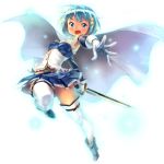  1girl armband belt blue_eyes blue_hair cape foreshortening gloves hair_ornament hairclip magical_girl mahou_shoujo_madoka_magica mahou_shoujo_madoka_magica_movie miki_sayaka popobobo short_hair simple_background solo soul_gem sword thigh-highs weapon white_background zettai_ryouiki 