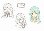  1girl ^_^ aqua_eyes aqua_hair atelier_(series) atelier_shallie bangs blush character_sheet closed_eyes collarbone hair_ornament hair_over_shoulder hair_tie hands hands_together hidari_(left_side) index_finger_raised jewelry long_hair looking_at_viewer monochrome nady_elminus official_art open_mouth pendant simple_background smile solo star white_background 