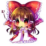  1girl ascot blush bow brown_hair chibi chocolat_(momoiro_piano) detached_sleeves hair_bow hair_tubes hakurei_reimu long_sleeves mouth_hold pencil red_eyes simple_background solo touhou white_background wide_sleeves 