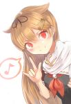  1girl \m/ asyde blonde_hair fangs hair_ornament hair_ribbon highres kantai_collection long_hair musical_note personification red_eyes ribbon school_uniform serafuku solo speech_bubble spoken_musical_note yuudachi_(kantai_collection) 